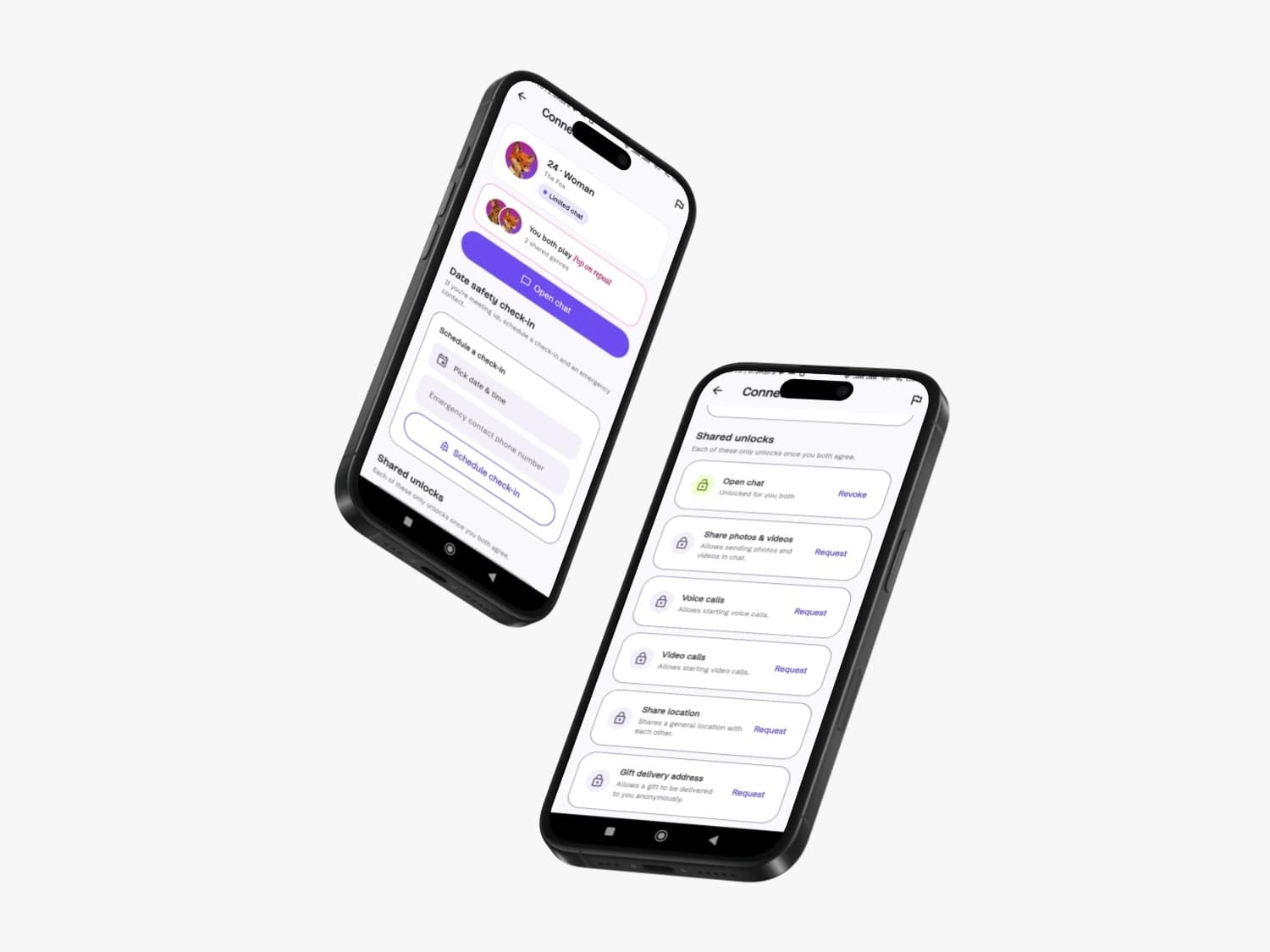 Pearmo shared unlocks screen listing chat, photos, calls, location and gift delivery, each requiring mutual consent