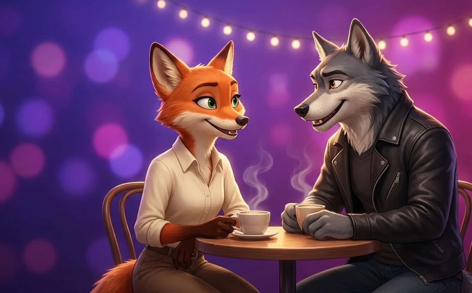 Illustrated fox and wolf avatars on a café date under string lights