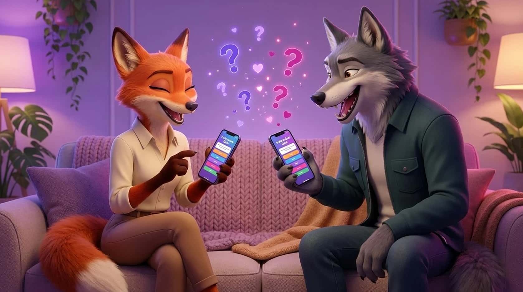 Illustrated fox and wolf avatars laughing over an icebreaker game on a sofa