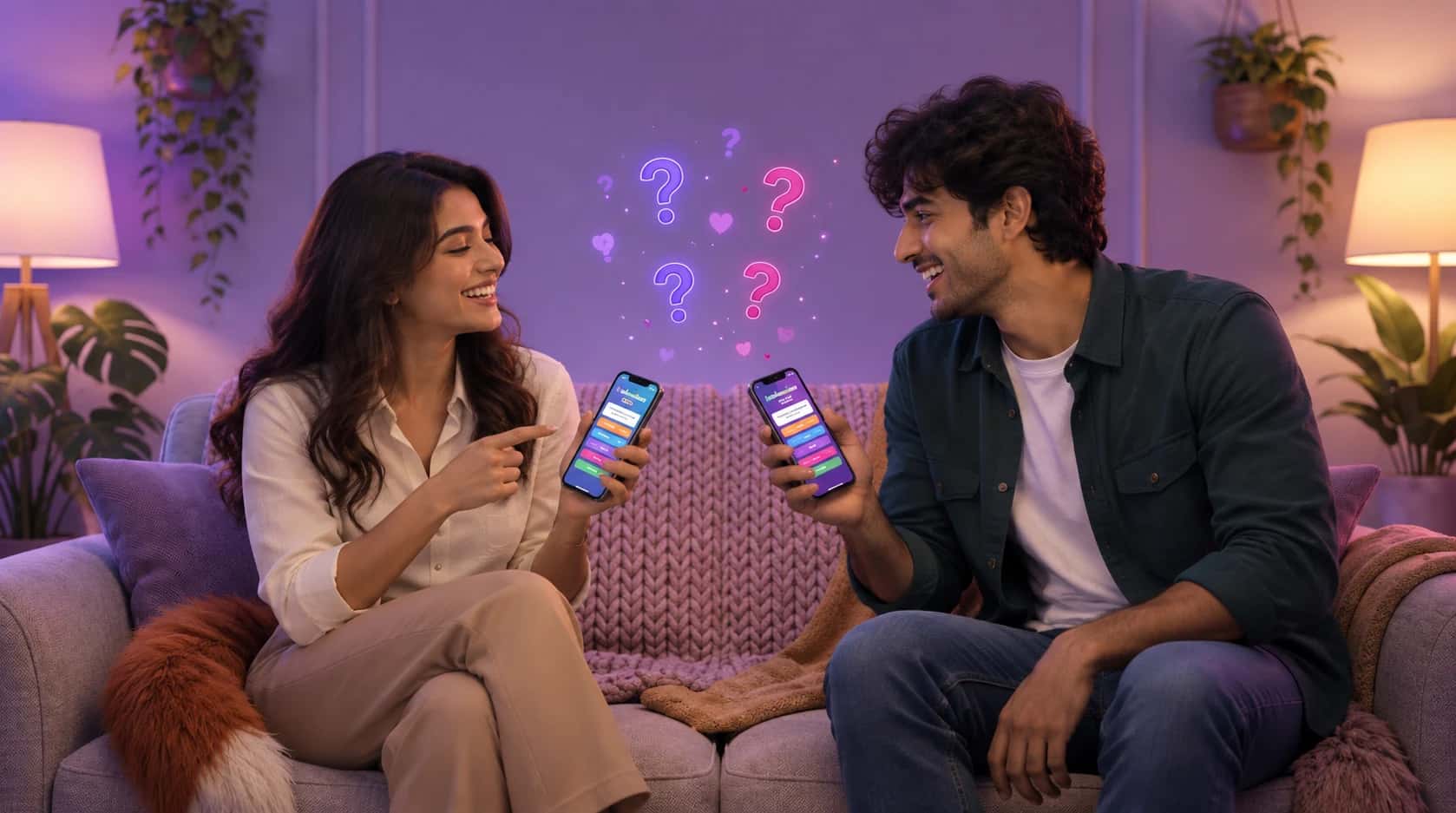 The same sofa scene, with the two people shown as themselves